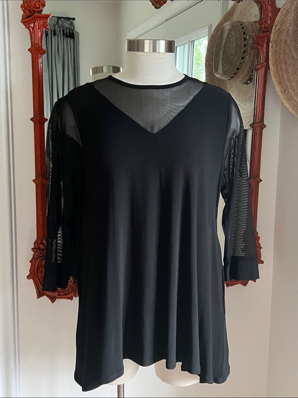 Black dressy soft mesh yoke & sleeve top